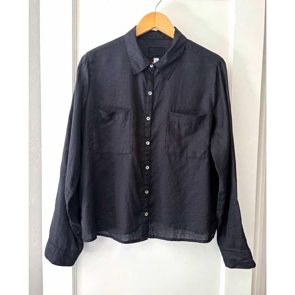 Sigrid Olsen Wmn Large Black 100% Linen Shirt Lagenlook Boho Boxy Button Down